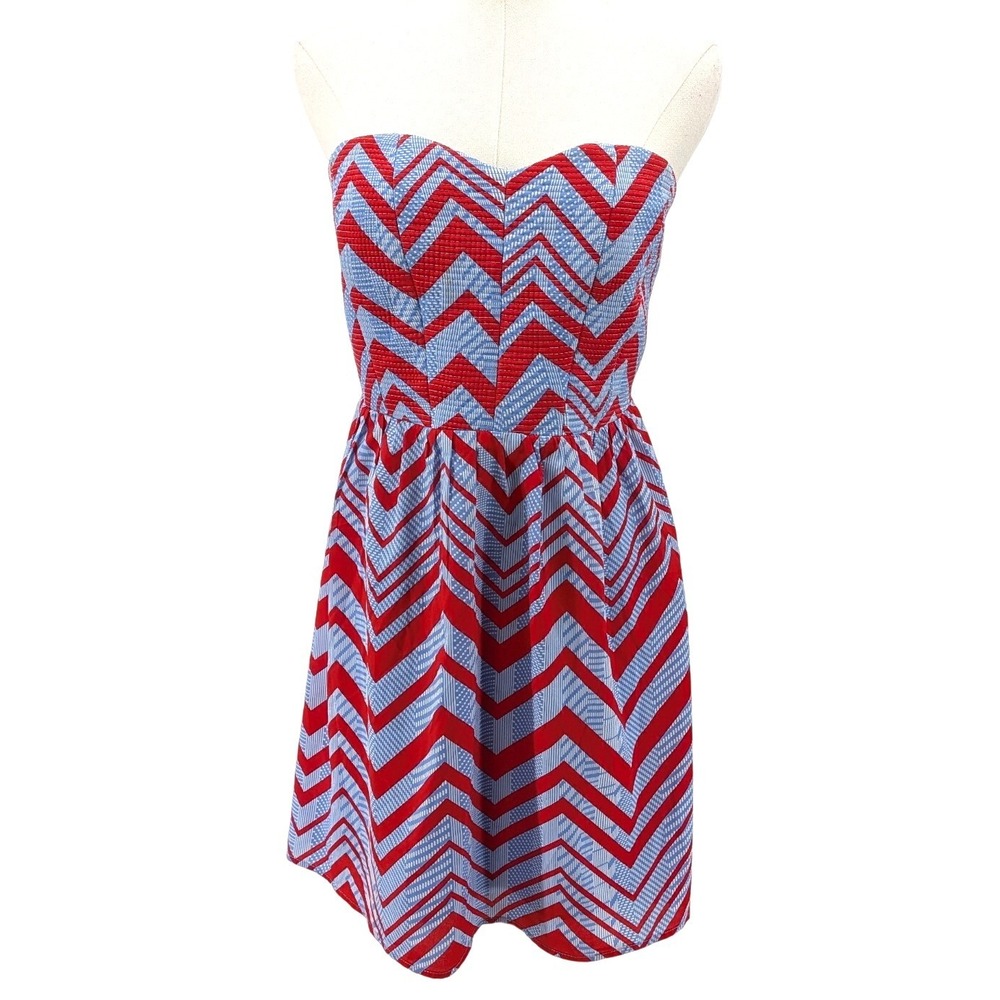 Chevron Strapless Sundress Red Blue Smocked Back Mini Dress Pink Owl M‎